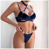 Toucheart 2-Piece Set Sexy Lingerie Women See-Through Halter Neck Comfortable Garter Socks Solid Color Hollow Out Underwear Set