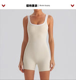 Sexy Sleeveless Backless Scrunch Yoga Jumpsuit Women Color-block U Neck Slim Sports One Piece Suits Tight Fitness Gym Overalls