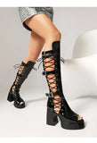 Plus Size Women Black Patent Matte Leather Lace Up Knee High Boots Peep Toe Platform Block Heel Back Zip Gothic Y2K Party Heels
