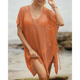 Short Sleeve V Neck Hollow Out Crochet Knitted Tunic Beach Dress Beach Wear Beachwear Beach Cover Up Cover-upsFemale Women V8061