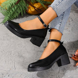 Black Thick Heeled Mary Jane Shoes Women Plus Size 42 Ankle Buckle Platform Pumps Woman Office Pu Leather High Heels Shoes Mujer