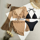DEKA 4Pcs/Set Mesh Sheath Bikini Set Female Mini Camis Briefs Short Skirt Swimwear Fashion Drawstring Long Sleeve Boho Swimsuit