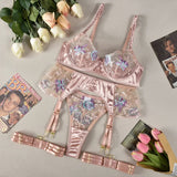 Toucheart 4-Piece Set Sexy Lingerie Set Embroidery Patchwork Mesh See-Through Exotic Underwear Women Garter Belt Underwear Suit