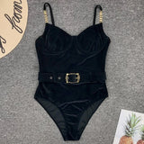 Ribbed Push up Underwired Metal Chain Women Swimwear One Piece Swimsuit Female Waist Belt Monokini Bather Bathing Suit Swim Lady