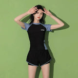 Fashion Women's Swimming Suit Ladies Patchwork Short Sleeve Swimwear Sports Pool Beachwear Two Piece Swimsuit With Shorts