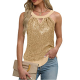 Women's Sequin Glitter Tank Tops Sleeveless Crew Neck Slim Fit Camisole For Holiday Backless Bow Tie Streetwear Party Club Vest