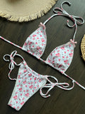 Floral Print Halter Micro String Bikini Female Swimsuit Women Swimwear Two-pieces Bikini Set Bow Knotted Bathing Suit Swim Lady