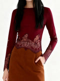 Women's Spring Summer Round Neck Tops Solid Color Long Sleeve Slim Fit Party Lace Patchwork T-shirts