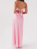 Women Cami Dress Solid Color Sleeveless Tie-Up Front Sleeveless Backless Dress Long Dress Summer Casual Spaghetti Strap Dress