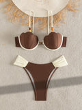 Sexy Coffee Contrast Ruffles Thong Bikini Set Women Hollow Out Push Up Underwire Bra Swimwear 2026 Summer Bathing Suit Swimsuit