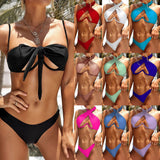 2026 Solid Black Swimsuit Women 2 Piece Bikini Sexy Cross Bandage Hollow Out Lace-up Swimwear Low Waist Thong Beach Bathing Suit