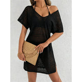 S - XL V Neck Short Sleeve Hollow Out Knitted Tunic Beach Cover Up Cover-ups Beach Dress Beach Wear Beachwear Female Women V8214