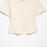 Women's Fashion Casual Structured Knit Jacket Women Beige V Neck Short Sleeve Textured Knit Cardigan Button Front Top Charm 17M0
