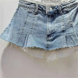Women's Denim Skirt High Waist Pleated Patchwork Contrast Color Big Pockets Burrs A-line Mini Skirt 2026 Summer New SKIRTS 7W7E