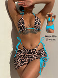 2026 Summer Leopard Print 3 Pieces Suit Swimwear Reversible Sexy Halter Lace-up Bikini Set Drawstring Skirt Cover Up Beachwear