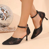 Sexy Black Mesh Pointed Toe Pumps Women Plus Size 43 Ankle Buckle High Heel Party Shoes Woman Embroidered Sequins Pumps Ladies