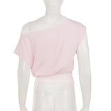 Summer T-shirt lace off-shoulder short-sleeved T-shirt waist fashion versatile top