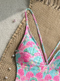 Sexy Pink Floral Print Swimwear Women 2026 Deep V Neck Slim Tummy Control One Piece Swimsuit Beach Hoiday Bathing Suit Monokini