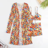 New Sexy 3 Pieces Suit for Women Neck Hanging Bikini Set+Cover-up Swimwear Sunproof Tankini High Waist Shorts Swimsuit Beachwear