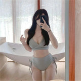Korean Style New High Waist Women Swimsuit Solid Sexy Two-piece Hot Spring Swimwear Beachwear