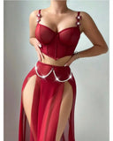 Women Sexy Lingerie Dress for Bow Knot Patchwork Mesh See-through Bra and Skirt Panties Set Underwear Erotic Lingerie