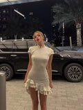 Trendix Women's Elegant Satin Evening Dress Fashion Stand Neck High Waist Slim Mini Dresses Party Sexy Short Sleeve Ruffle Dress