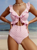 DEKA Girl Light Pink One Piece Swimsuit for Women High Waist Hollow Out Ruffle Suspender Backless Monokini Bikini Beach Swimwear