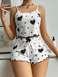 Sweet Heart Print Pajama Set for Women Cute Sleeveless Cami Top and Ruffle Shorts Soft Ribbed Knit Loungewear Adorable Pjs