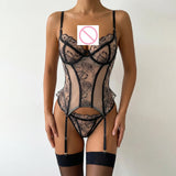Embroidered flower underwear, sexy three-point mesh fishbone body shaping sexy suit with stockings