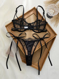 Pure black lace strap lingerie set - Sexy mature style net fabric embroidery 3/4 cup shaping bra thong set ZA825201
