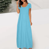 Casual Dresses For Teens Fashion Clothes Women Leisure Solid Color V Neck Short Sleeve Long Dress Casual Loose Sundress 2025