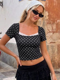 2026 Summer Women Lace Trim T-shirt Square Neck Short Sleeve Slim Fit Cropped Tops Trendy Daily Casual Retro Shirts