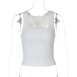 Woman Beading Rhinestones Tank Tops White Black Summer Sleeveless Corset T-shirt 2026 Casual Square Collar Crop Top Streetwear