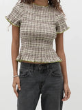 Women Casual Summer Plaid Print Shirred Tops Slim Mock Neck Short Sleeve Crop Ruffle T-shirts Streetwear