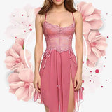 Women's Lace Trim Cami Nightdress - Sexy Side Slit & Mesh Panel, Perfect for Loungewear & Intimate Nights