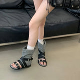 Women's French Roman Style Belt Buckle High Top Sandals Summer New Retro Motorcycle Gladiator Ankle Sandals Boots New Summer