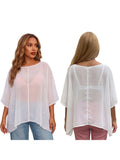 Women Summer Holiday Beach Sheer T-shirts Short Sleeve Tops Oblique Neck Solid Color See-through Irregular Party Clubwear