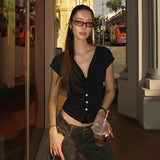 FDYOUI Fashion Casual Swinging Collar T-shirts Y2K Woman Clothes Short Sleeve Buttons Corset T Shirt Ladies Solid Crop Tops Tees