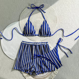 With Shorts Striped Halter Bikini Female Swimsuit Women Swimwear Three-Pieces Bikini Set Padded Bather Bathing Suit Swim V7159