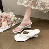 Summer Outdoor Fairy oes Simple Toe Clip High Heels Sandals Women's Flip Flops Korean Sle PU  Rubber Sole