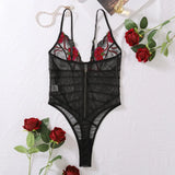 Toucheart Sexy Lace Mesh Transparent Underwear Women V-Neck Sexy Suspender Bodysuit With Zipper Exotic Sexy Printing Jumpsuit