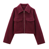Foridol Autumn Winter Thick Burgundy Coat Jacket Women Zip Closure Turn Down Collar Short Jacket Veste Casual Angola Red Coat