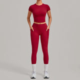 Women Tracksuit Yoga Sets Short Sleeve Slim Sports T Shirts Workout Clothes Outdoor Tight High Waist Pocket Pants Fitness Suits