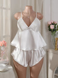 Y2K Sexy Women's Satin Cami Pajama Set Backless Crop Top and Shorts Coquette Aesthetic Lingerie Sleepwear for Women