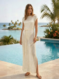 Women's Solid Color Knit Sheer Dress Summer Swim Cover Up Cap Sleeve Round Neck Sequin Dresses for Beach