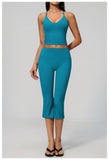 Summer New Yoga Clothing Women Solid V Neck Slim Sports Tank Top Athletic Wear High Waist Butt Lift Mid Pants Gym Fitness Suits