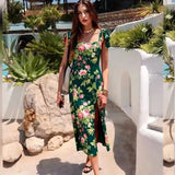 Floral Print Slim-fit Side-slit Camisole Dress For Women With Double Shoulder Straps And Semi-elastic Back Mid-length Skirt 9UCW