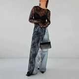 Woman Clothing 2026 O-neck Hollow Out High Slit Long Maxi Lace Dress Black Streetwear Ladies See-through Black T-shirt Dresses