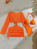 Mesh Sheer Long Sleeve Cover-Up Micro Bikini Female Swimsuit Women Swimwear Three-pieces Bikini Set Bathing Suit Swim Beach Wear