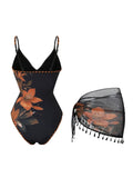 Vintage Black Floral Print Swimwear Women Mesh Tassel Skirt Sets V Neck Slimming Bathing Suit Holiday One Piece Swimsuit 2026